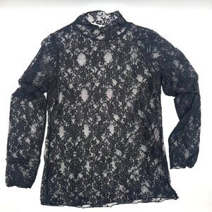 Boutique Black Lace Long Sleeve, Mock Neck Top By Jade By Jane, Blouse LARGE